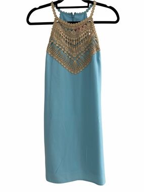 ✅ Lilly Pulitzer Aqua Halter Jumpsuit with Gold Crochet Yoke size 4